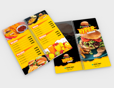 Cardápio Espiral com 4 Páginas em PVC 0,5mm Fosco Frente e Verso 13,7x29,4cm - 4x4 - 50 unid